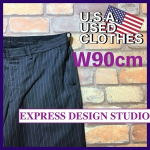 BP2-952★W90センチ位★状態良好★【EXPRESS DESIGN STUDIO】ストライプ ノータックスラックス【W34 メンズ L】チャコールグレー USA古着