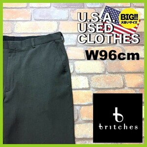 BP3-118★W96センチ位★海外ビッグサイズ★良品★【BRITCHES BY SAMTEX】ノータック スラックス【W38程度 メンズ XL】濃グリーン 古着