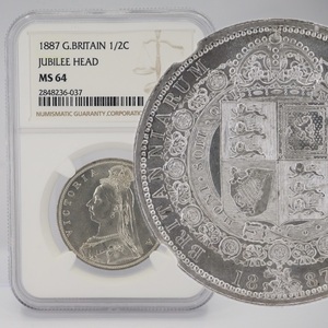 【初年度発行】1887年 イギリス ヴィクトリア女王 ハーフクラウン 銀貨 NGC MS64 ジュビリーヘッド 英国 ビクトリア 1/2C 希少コイン 古銭