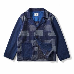 レトロ ハンドメイド 藍染め 綿100% 天然インディゴ ワークジャケット メンズ ブレザー 15oz 刺し子 古布 パッチワーク boro 襤褸 S