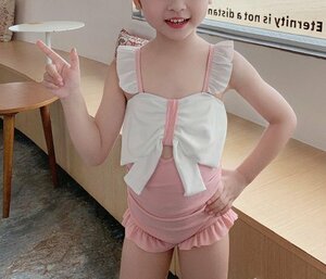  child school swimsuit girl Kids One-piece swimsuit ribbon .. pretty frill stylish Leotard sea pink hot spring pool M