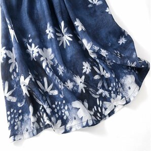 大人 上品 エレガントな花柄プリント綿麻ワンピース レディース ワンピース 50代 60代 ファッション 紺色 薄手 夏のお出かけに Lの画像3
