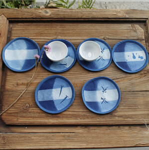 煎茶道具 和風 ランチョンマット コースター コップ敷き 藍染 絞り染め 直経:12CM ランダム仕様