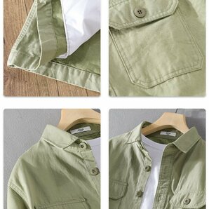 アメカジ シャツジャケット メンズ ゆったり 長袖 シャツ 無地 春秋服 綿100% ウォッシュ加工 グリーン アウトドアの画像4