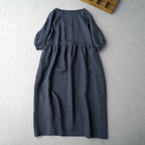 上品 リネンワンピース レディース ゆったり 体型カバー リネン100% 亜麻 快適性 通気性 夏服 洗える ネイビー