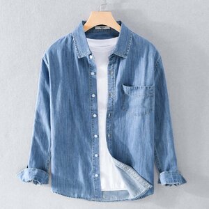 シンプル 長袖シャツ コットン100% デニムシャツ メンズ ゆったり 無地 春秋服 お兄系 アウトドア カジュアル