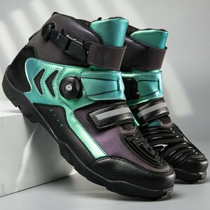 オートバイ ブーツ 靴 バイクブーツ ライディングシューズ 履きやすい 反射 光沢のある 通気性 耐磨耗性 滑り止め グリーン 25.5cm