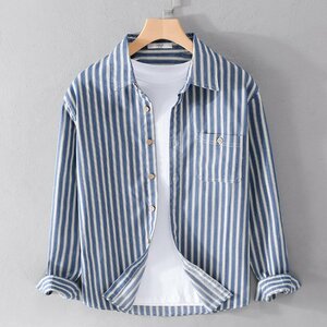 ストライプ 長袖シャツ コットン100% シャツジャケット メンズ ゆったり 春秋服 シンプル お兄系 アウトドア