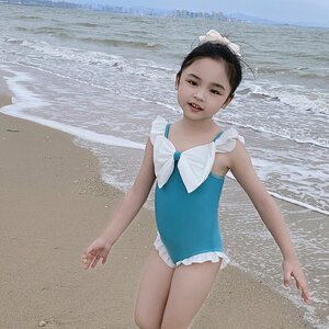  child pretty swimsuit school swimsuit girl Kids One-piece swimsuit ribbon .. frill stylish Leotard sea hot spring pool green 100cm