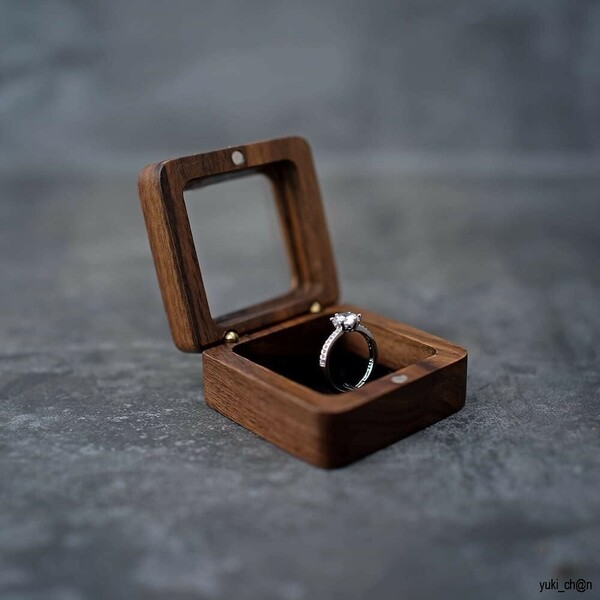 リングケース 木製 ペアリングケース くるみ 高級胡桃 指輪ケース 婚約指輪 リング一個 ガラス 持ち運び リングボックス 結婚お祝い