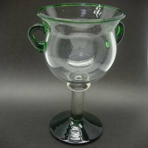 U77 工芸ガラス 気泡入り 手吹きガラス 緑 取手脚付 グラス 花瓶 フラワーベース 置物 ガラスオブジェ