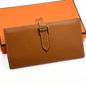 HERMES エルメス べアン デュプリ ヴォーエプソン ゴールド 三つ折り 長財布 ゴールド金具