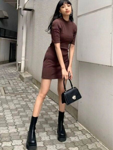 EMODA バックオープンリブワンピース エモダ ミニワンピース ブラウン ワンピース