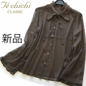 新品Te chichi CLASSIC 千鳥柄フリルボウタイリボンブラウス/BR/テチチ