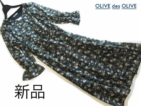 新品OLIVE des OLIVE 花柄ドビーシフォンワンピース/GRN/オリーブデオリーブ