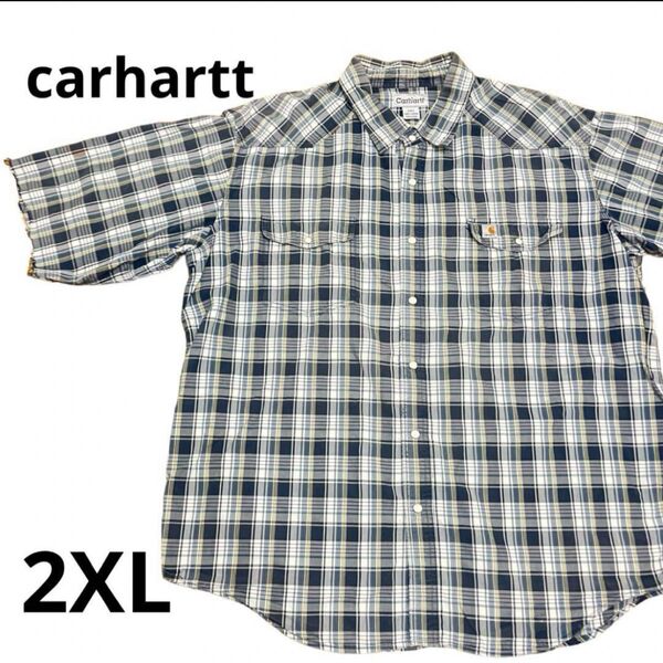 carhartt カーハート ボタンダウン 半袖チェック ブルー 2XL 半袖シャツ
