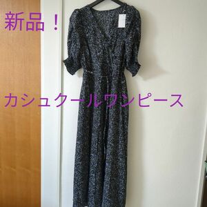 新品 タグ付き ロングワンピース 花柄 Mサイズ カシュクールロングワンピース 総柄 黒 ロングワンピース 花柄 ブラック