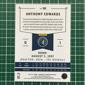 ★PANINI 2020-21 NBA CHRONICLES #101 ANTHONY EDWARDS［MINNESOTA TIMBERWOLVES］ベースカード「PANINI」ルーキー「RC」★の画像2