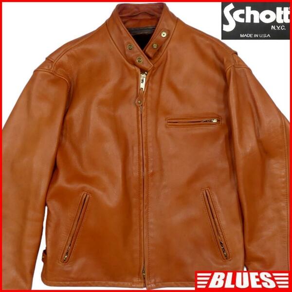 即決★アメリカ製 Schott★メンズL レザーライダースジャケット ショット 141 USA 40 茶 本革 シングル オイルドレザー 90’s ヴィンテージ