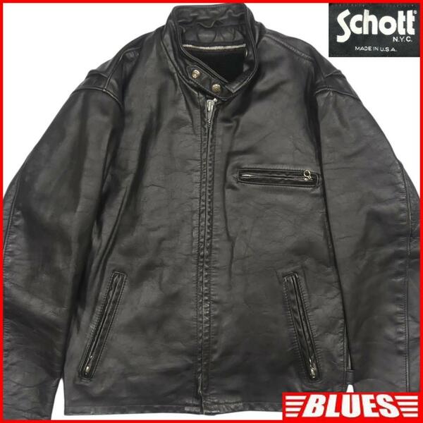 即決★アメリカ製 Schott★メンズL レザーライダースジャケット ショット 641 USA 40 黒 本革 シングル 本皮 立襟 90’s ヴィンテージ