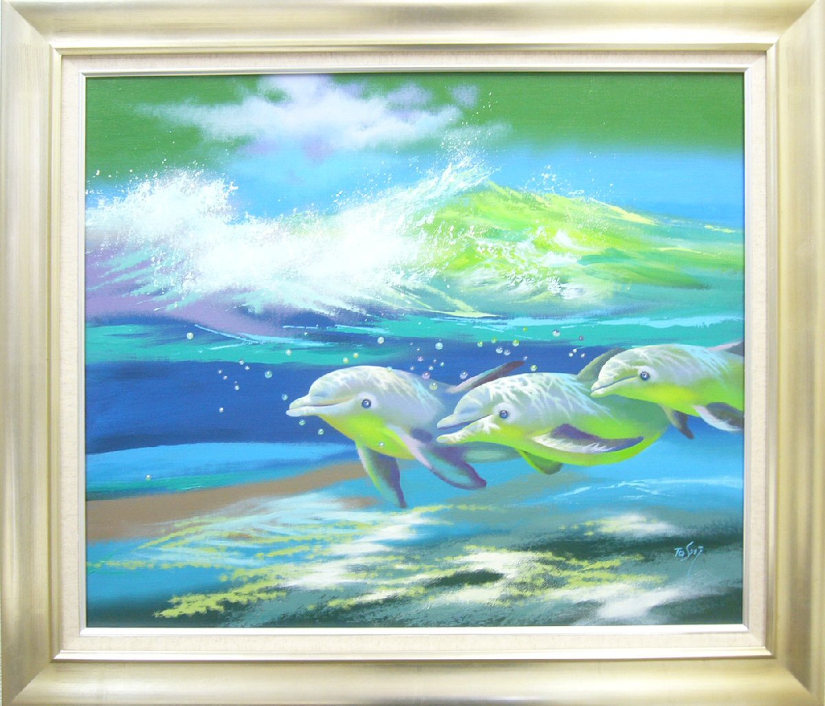 竹内俊彦 绘画油画 手写油画 水晶蓝海海豚, 绘画, 油画, 动物画