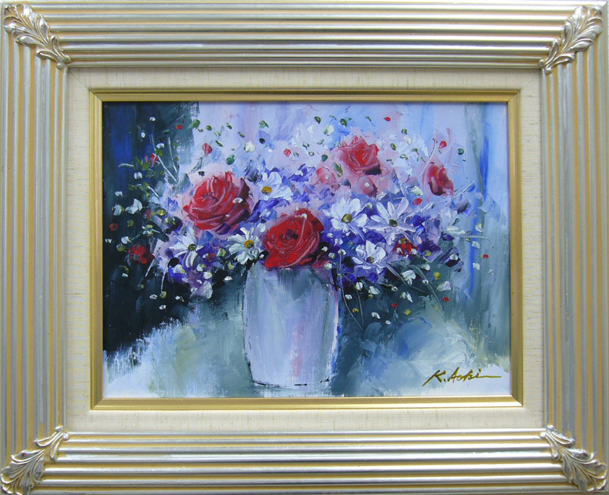 Painting Oil Painting Imayo Aoki Still Life Painting White Flowers and Red Roses Free Shipping, painting, oil painting, still life painting