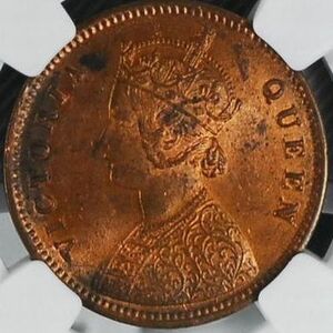 【希少：流通型MS63】1862年 英領インド 銅貨　1/4アンナ MS63