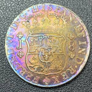 銀貨　古銭　硬貨　ボリビア　1762年　スペイン植民地　国章　地球儀　クラウン　大型　コイン　貿易銀