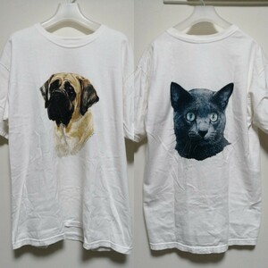 ...! rare thing great number exhibiting! 90s Vintage [ma stay f& Russia n blue both sides print art dog cat T-shirt ]DOG cat 