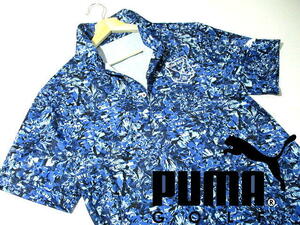 大人気！■プーマ ゴルフ　ボタニカル柄　総柄　半袖ポロシャツ　XLサイズ　PUMA GOLF　メンズ　ブルー　刺繍