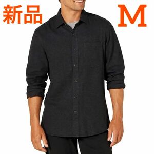 フランネルシャツ スリムフィット 襟付き シャツ 長袖 メンズ ブラック M