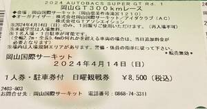 １円～売切 SUPER GT 開幕戦 2024年4月14日 スーパーGT 岡山 1人券・駐車券付・日曜日観戦券