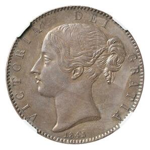 イギリス ヴィクトリア クラウン銀貨 1845 ヤングヘッド NGC AU58の画像1