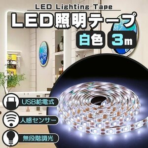 LED テープライト 人感センサー付き 3m 白色 昼光色 USB式 LEDテープ 階段 間接照明 棚下照明 フロアライト 足元灯 無段階 調光対応