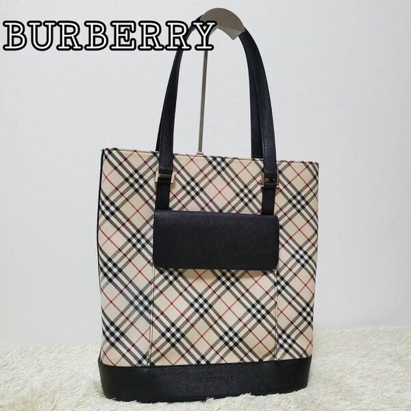 【美品】BURBERRY　トートバッグ　ノバチェック　バケツ　高級ライン 肩掛け可能　A4収納可能　レザー　キャンバス