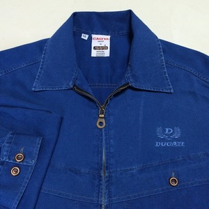 美品 イタリア製 DUCATI CAGIVA reverse 長袖フルジップコットンシャツ 若干色あせしたデニム色 左胸にDUCATIのししゅう 