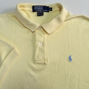 美品 アメリカ製 Ralph Lauren ラルフローレン 半袖ポロシャツ 黄色 無地 スムース生地 ロングテールサイドスリット