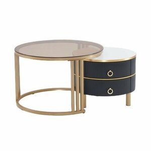 センターテーブル テーブル ローテーブル 茶色ガラス 波紋 収納付 引出付き 入れ子式 円型 丸型 2個セット ブラック＋ゴールド