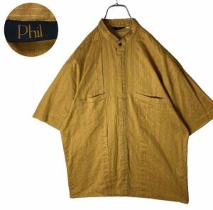 希少レトロ古着！日本製ノーカラーリネン半袖シャツ淡いマスタードゆったりサイズ