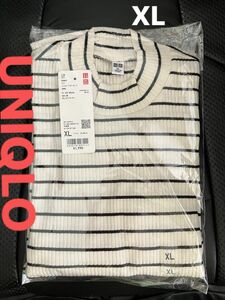 【新品】ユニクロ UNIQLO ユニクロ リブハイネックボーダーT【XL】 白x黒　コットン：綿　96%