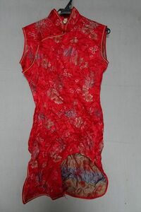 JIN FENG/ China dress / sleeve less mini-length dress / right side fastener / hem side slit / remake / cloth / red / red /L size (4/22R6)