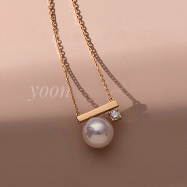 一粒パール×ダイヤネックレス　ゴールド　ステンレス　韓国　結婚式　上品　華やか necklace