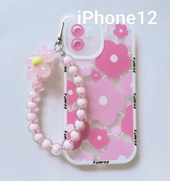 iPhone12 スマホケース ピンク 花柄 ストラップ付き かわいい