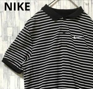 NIKE ナイキ 半袖 ポロシャツ サイズS シンプルロゴ ワンポイントロゴ 刺繍 スウォッシュ ブラック ボーダー 鹿の子 送料無料