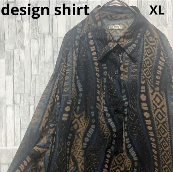 Kutir クティール design shirt デザインシャツ 柄シャツ 総柄 長袖 XL 幾何学模様 アート柄 レトロ ストライプ ポリシャツ 透け感