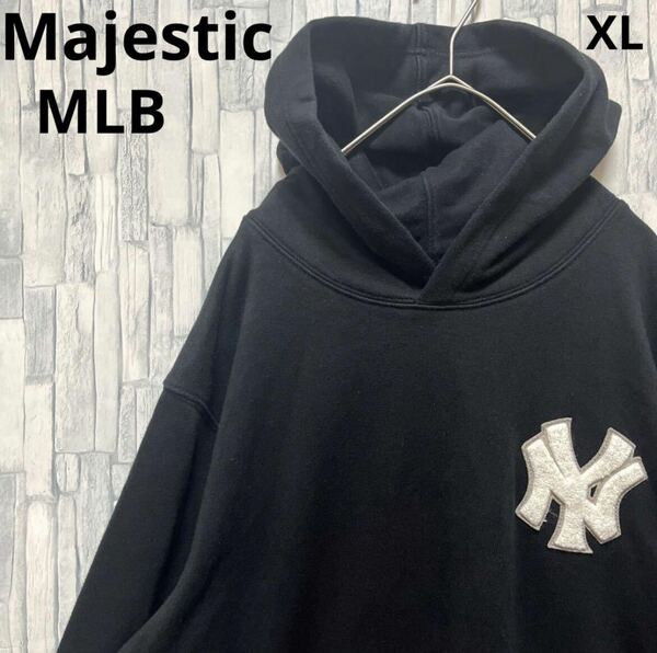 Majestic マジェスティック アスレティック ニューヨークヤンキース MLB 長袖 パーカー スウェット プルオーバー ワッペン XL ブラック