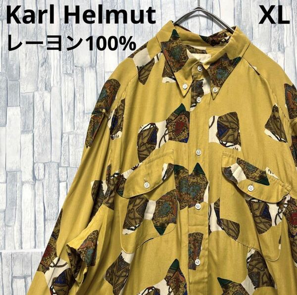 Karl Helmut カールヘルム デザインシャツ 柄シャツ ボタンダウン 総柄 長袖 XL スカーフ柄 ヨーロッパ柄 レトロ レーヨン ピンクハウス