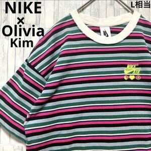 NIKE ナイキ Olivia Kim オリビア キム コラボ リンガー ネック Ｔシャツ ボーダー サイズS 半袖 刺繍ロゴ シンプルロゴ 送料無料