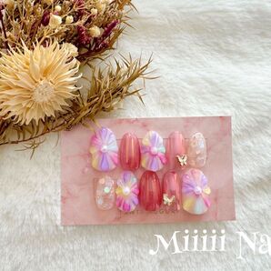 【No.23】☆デザイン配置変更可能☆パステルフラワー 蝶 オーロラネイル