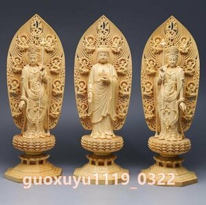 新作 阿弥陀如来三尊立像 仏教美術 精密彫刻 仏像 手彫り 高さ約43ｃｍ